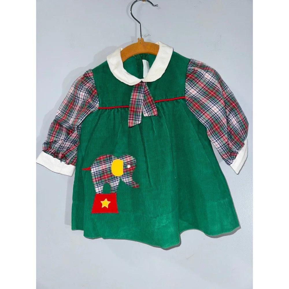 Betti Terell by Johnston vintage green corduroy circus elephant‎ dress 6-9 mths
